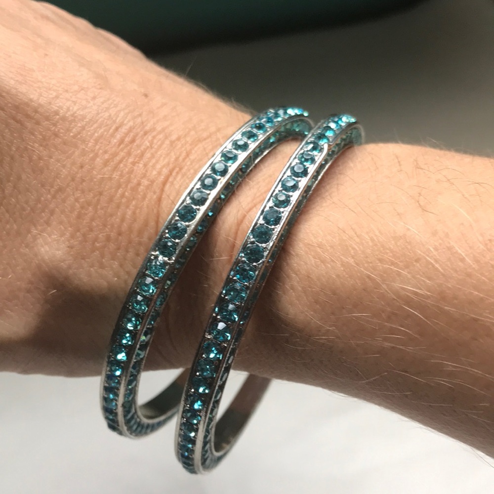 Silver & light blue crystal bangle cuff bracelets